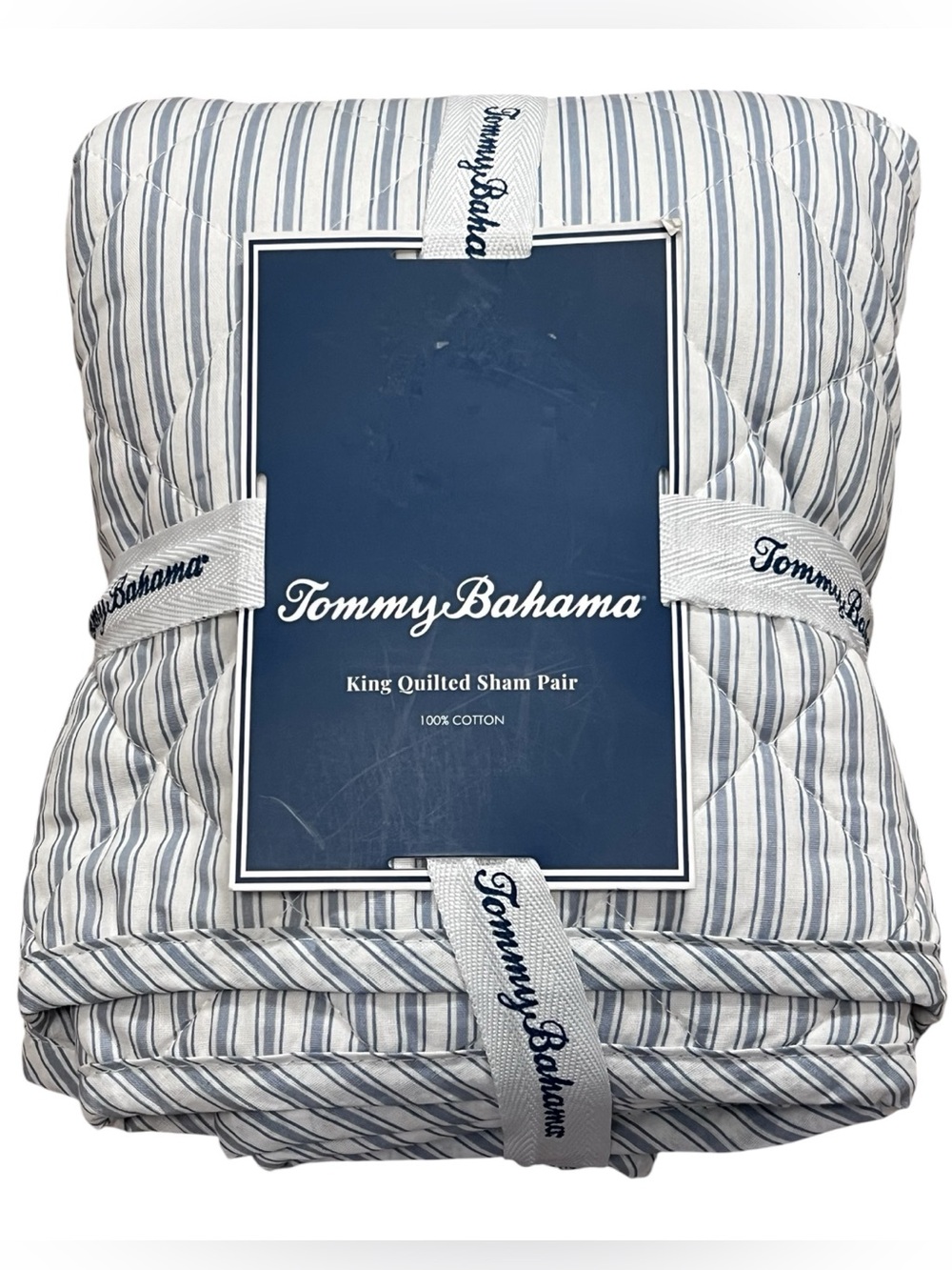 Tommy Bahama MAKENA Quilted 2 Shams KING Blue Stripe Coastal Nautical Farmhouse